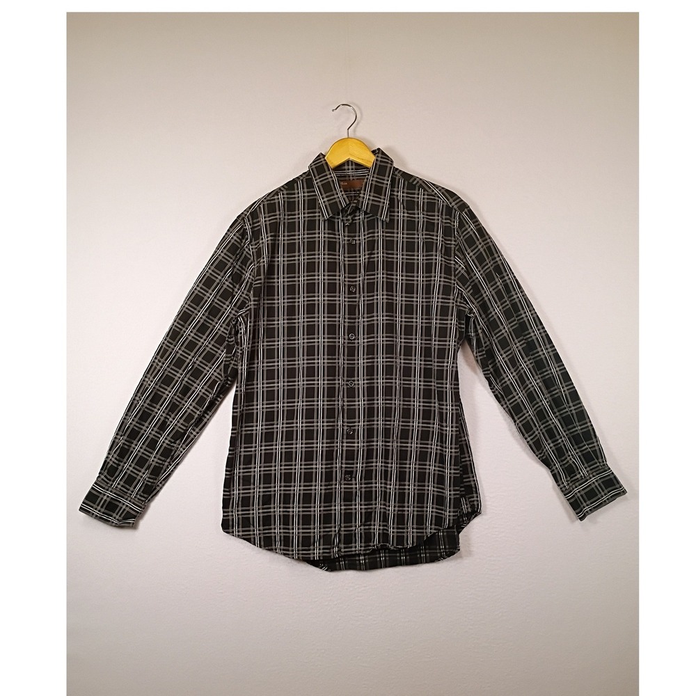 Dark Academia Perry Ellis Mens Medium Black White Grid Plaid Cotton Button Down